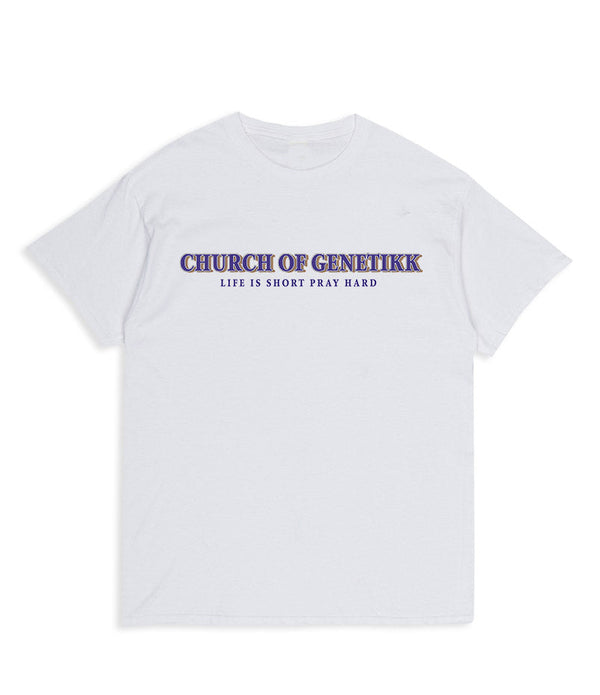 CHURCH OF GENETIKK SHIRT - WHITE + MDNA ALBUM - OUTTATHISWORLD